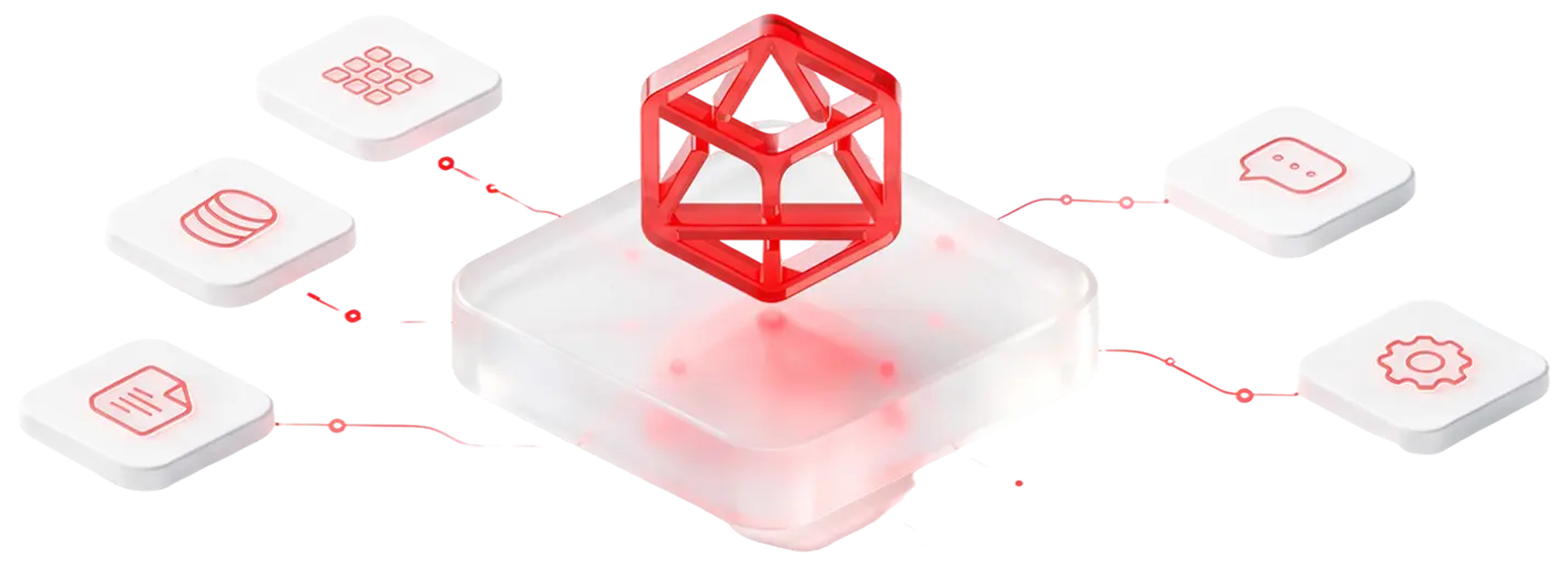 AI development illustration with connected workflow, data and integration icons